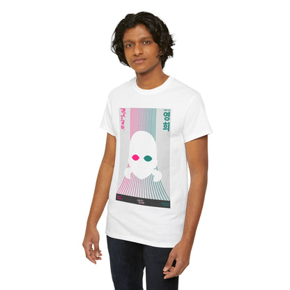 Chic male model wearing a white Squid Game-inspired graphic t-shirt, embodying a modern urban fashion sense with a touch of vibrant artistry and playful rebellion.