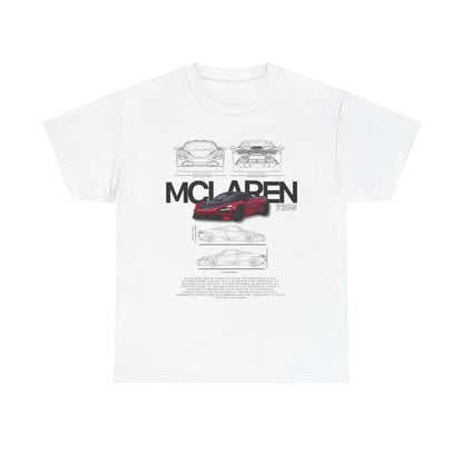 Stylish McLaren 720S T-Shirt in white, presenting a blend of automotive art and technical design, made for car aficionados.