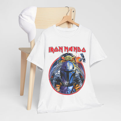 Iron Mando Graphic Tee artistically draped over a chair beside a cap, showcasing its elegant Mandalorian design, perfect for casual yet sophisticated outings.