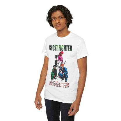 Model displaying the Ghost Fighter tee in a luxurious setting, highlighting its striking design with iconic anime fighters, ideal for casual chic attire.
