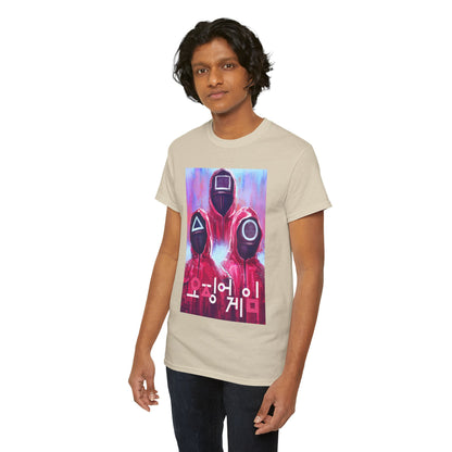 Stylish unisex graphic t-shirt featuring iconic designs inspired by Squid Game, worn by a model in a luxury urban setting.