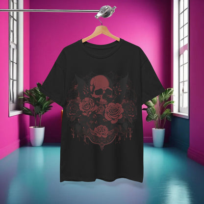 Front view of the striking Skulls and Roses Cotton Tee, featuring exquisite steampunk-inspired skull and rose artwork against a black background.