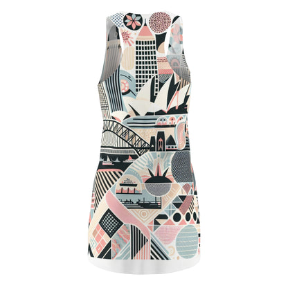Chic Sydney-Inspired Racerback Dress with Modern Pattern and Pastel Colours showcased on a mannequin, emphasizing the stylish silhouette and vibrant design reflecting Sydney's architecture.
