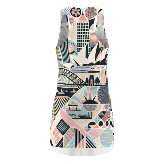 Chic Sydney-Inspired Racerback Dress with Modern Pattern and Pastel Colours showcased on a mannequin, emphasizing the stylish silhouette and vibrant design reflecting Sydney's architecture.