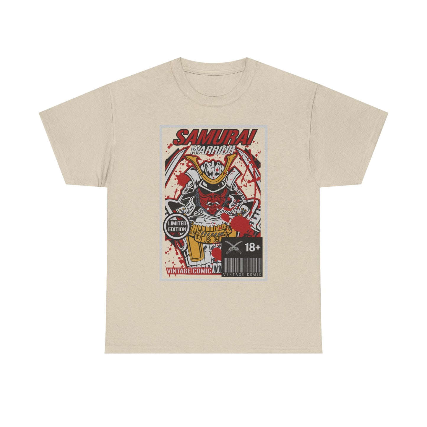 Elegant beige men's T-shirt adorned with a captivating Samurai Warrior illustration, blending classic comic artistry with modern flair for a sophisticated look.