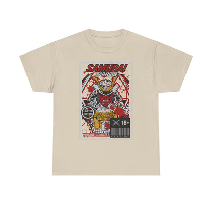Elegant beige men's T-shirt adorned with a captivating Samurai Warrior illustration, blending classic comic artistry with modern flair for a sophisticated look.