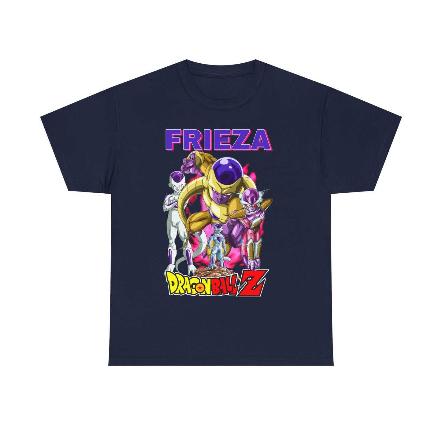 Refined navy Frieza Force T-shirt highlighting an eye-catching graphic of Frieza with his crew from Dragon Ball Z, showcasing the prominent title 'FRIEZA', a must-have for luxury anime apparel collectors.