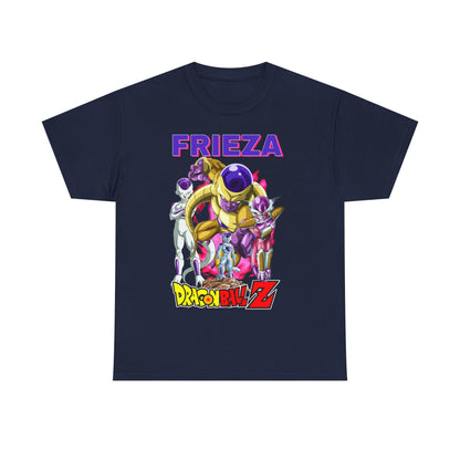 Refined navy Frieza Force T-shirt highlighting an eye-catching graphic of Frieza with his crew from Dragon Ball Z, showcasing the prominent title 'FRIEZA', a must-have for luxury anime apparel collectors.