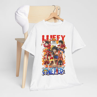 Luxury white t-shirt featuring vibrant and dynamic anime design, showcasing iconic characters from an adventure series, placed elegantly on a wooden chair.
