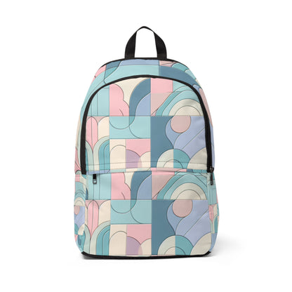 Pastel Paradise Geometric Design Backpack in baby blue with geometric patterns, a luxurious accessory by Dazzling Dreams Studio for stylish outings.