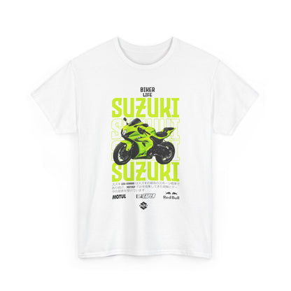 Stylish white men's t-shirt featuring a vibrant Suzuki GSX-R graphic, emphasising biker culture with bold typography and eye-catching motorcycle illustration.