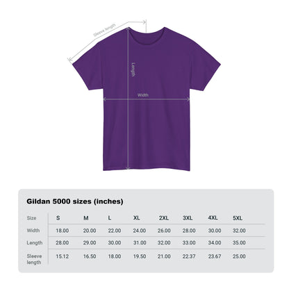 Detailed sizing chart for a premium purple t-shirt, featuring measurements for width, length, and sleeve length, showcasing attention to detail in garment design.