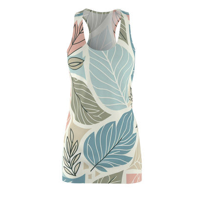 Valentina Sartori Modern Pastel Racerback Dress with Leaf Motif in soothing soft pink, light blue, and yellow hues, showcasing intricate leaf patterns on high-quality fabric.