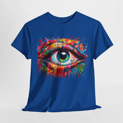 Elegant unisex t-shirt presented on a clean background, featuring the 'Visionary Drip' graphic design of an eye, embellished with an array of bright hues and artistic splatters.