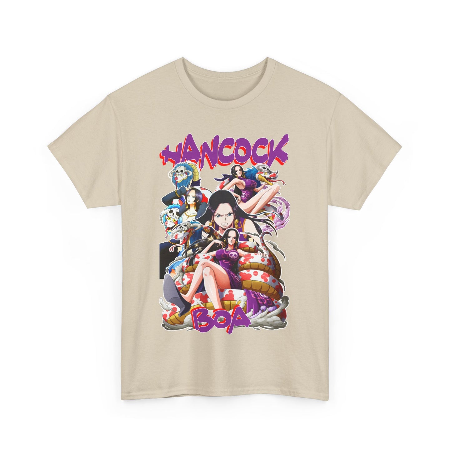 Classic unisex Boa Hancock Royalty T-Shirt in beige, showcasing iconic anime character artwork and luxurious branding, suitable for casual or stylish wear.