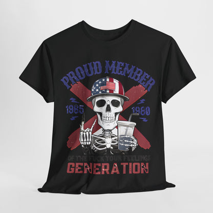 Generation X Men's Women's Unisex Graphic T Shirt featuring a striking skeleton graphic with an American flag baseball cap, embodying the daring spirit of the 'F..k Your Feelings Generation'.