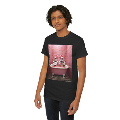 Stylish black t-shirt for men showcasing an artistic illustration of Stormtroopers enjoying a bubble bath in a vintage pink bathroom aesthetic.