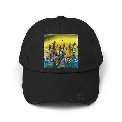 Unisex Distressed Paddleboarders Cap featuring a vibrant fantasy scene, ideal for stylish beach and river adventures.