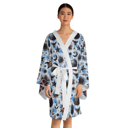 Floral Kimono Robe, Women's Robe, Designer Lounge Wear showcased elegantly worn, highlighting its luxurious fabric and boho chic aesthetic.