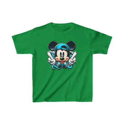 Child's Mickey Mouse Graffiti Unisex Graphic Tee Shirt Kids - Chic green shirt showcasing Mickey Mouse in a vibrant graffiti aesthetic, complete with accessories for a playful trendy look.