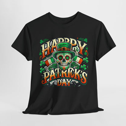 St Patricks Day Unisex Men's Women's Graphic Cotton Funny T Shirt Tee Vintage featuring an exquisite sugar skull design with leprechaun hat, vibrant Irish colours and shamrock elements, perfect for celebrating St. Paddy’s Day in luxury style.