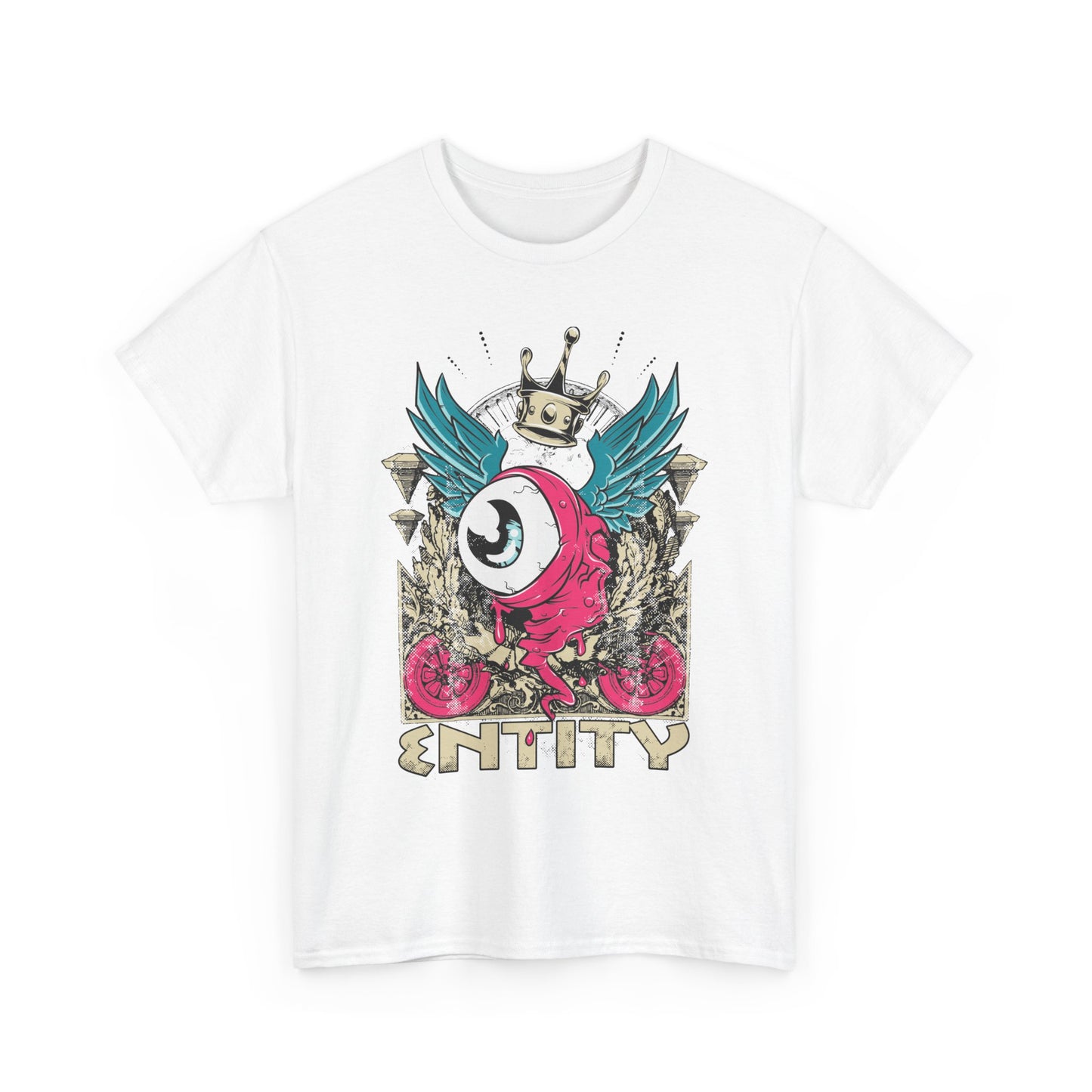 Chic white men's t-shirt with an enchanting grotesque eye illustration, teal wings, and a crown, perfect for making a stylish statement.