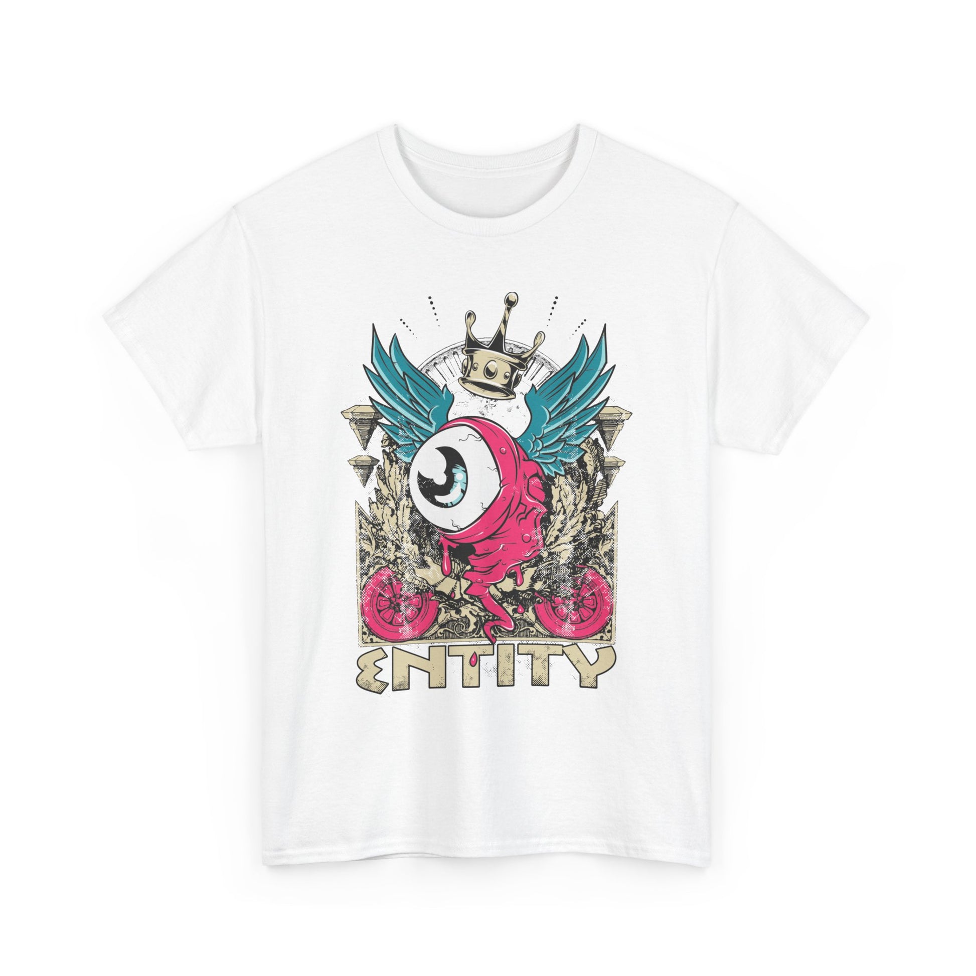 Chic white men's t-shirt with an enchanting grotesque eye illustration, teal wings, and a crown, perfect for making a stylish statement.