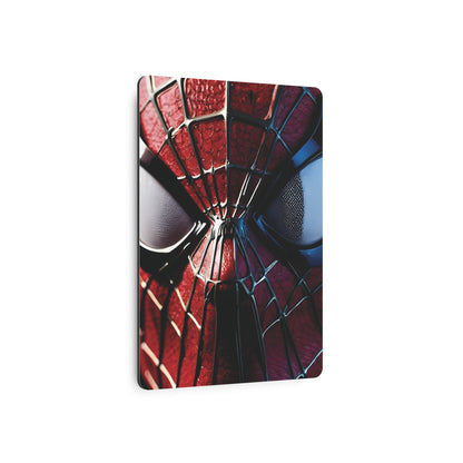 Side view of the Spider-Man Metal Wall Art Poster, showcasing the intricate details of Spider-Man's mask in a luxurious matte aluminium finish, perfect for contemporary interiors.