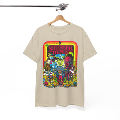 Elegant display of a Stranger Things graphic tee on a wooden hanger, showcasing captivating artwork and vibrant colours, perfect for nostalgic fashion lovers.