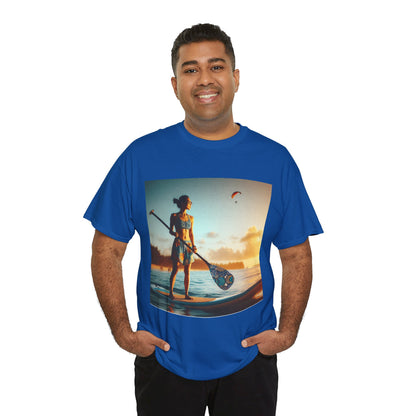Delightfull Paddle Board Scene T-Shirt by Dazzling Dreams Studio, showcasing a vibrant paddleboarding design, perfect for water sport enthusiasts who value style and comfort.