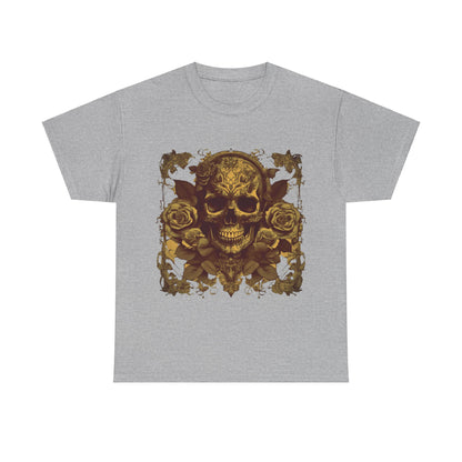 Skulls and Roses Cotton Tee - Sophisticated unisex graphic shirt featuring a prominent skull and roses design, presented flat on a soft grey background.