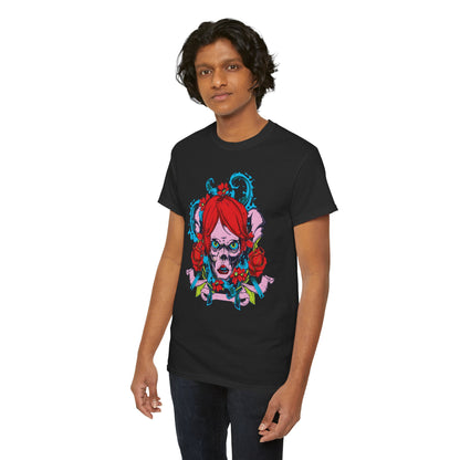 Fashion-forward men's tee showcasing a vivid skull motif intertwined with roses and intricate flourishes, ideal for confident style enthusiasts.