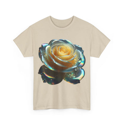 The Ethereal Rose Tee Unisex Cotton Graphic T Shirt - front view displaying an artistic, iridescent rose design on a light beige background.