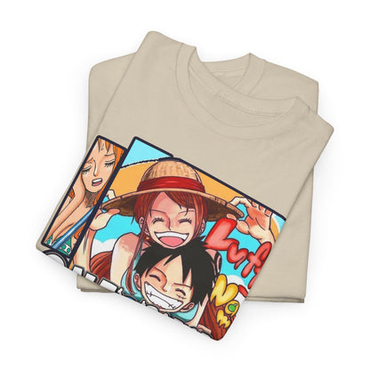 Close-up view of folded beige t-shirts displaying a colourful One Piece design, perfect for casual luxuries.