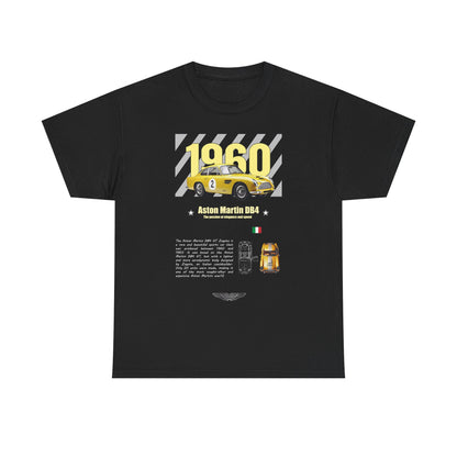 Elegant Aston Martin DB4 GT Zagato t-shirt design featuring a vibrant yellow sports car, showcasing the year 1960 and a sophisticated graphic layout against a sleek black background. Perfect for car enthusiasts.