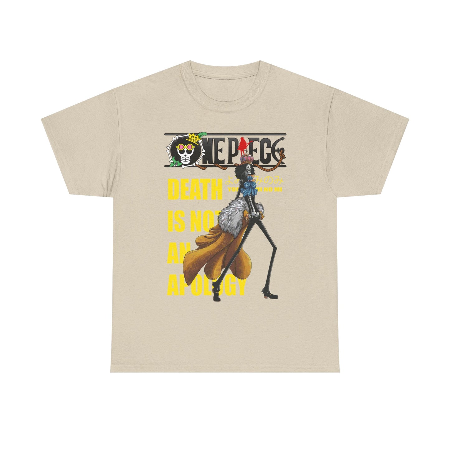 Refined beige graphic tee adorned with a captivating illustration of a skeleton character from anime, alongside bold text 'DEATH IS NOT AN APOLOGY'. A stylish option for those aiming to make a standout impression.