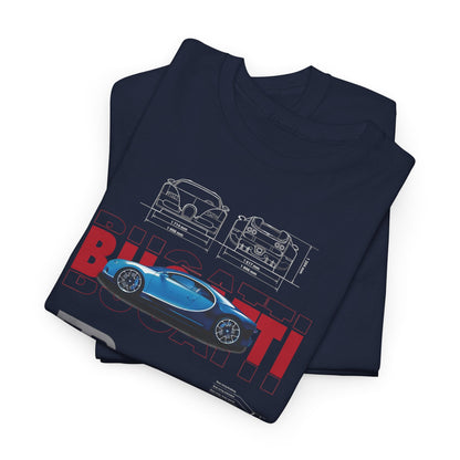 Luxury Bugatti Chiron Men's T-Shirt folded, featuring high-definition imagery of the iconic supercar and intricate technical specifications on a dark navy background.