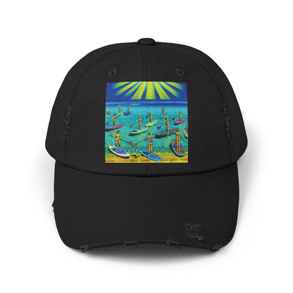 Unisex Distressed Paddleboarders Cap featuring a vibrant graphic of paddleboarders in the ocean, stylish sun protection for water enthusiasts.