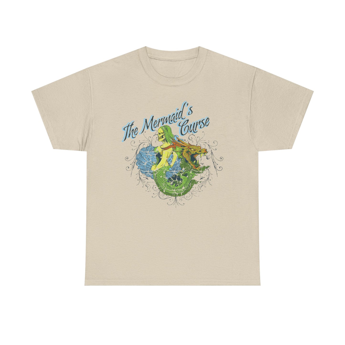 Refined beige t-shirt displaying the enchanting artwork 'The Mermaid's Curse', featuring a beautifully rendered siren entwined with a dragon, set against an intricate design, suitable for sophisticated style lovers.