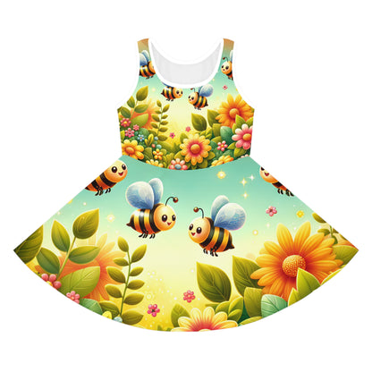 Sophie Bellaire Girls Vibrant Cartoon Garden Sundress featuring playful dancing bumblebees amidst a bright floral design, perfect for stylish summer outings.