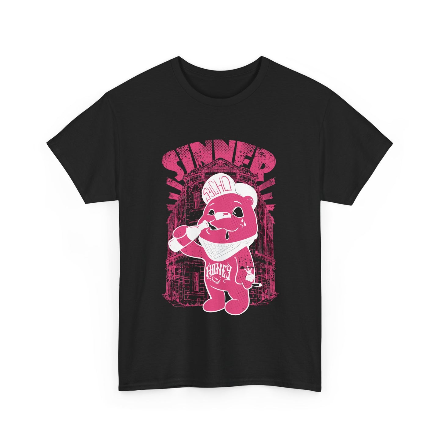 Front design of a black men's t-shirt featuring a vibrant pink cartoon bear graphic, showcasing urban fashion flair with the text 'SINNER' in bold typography.