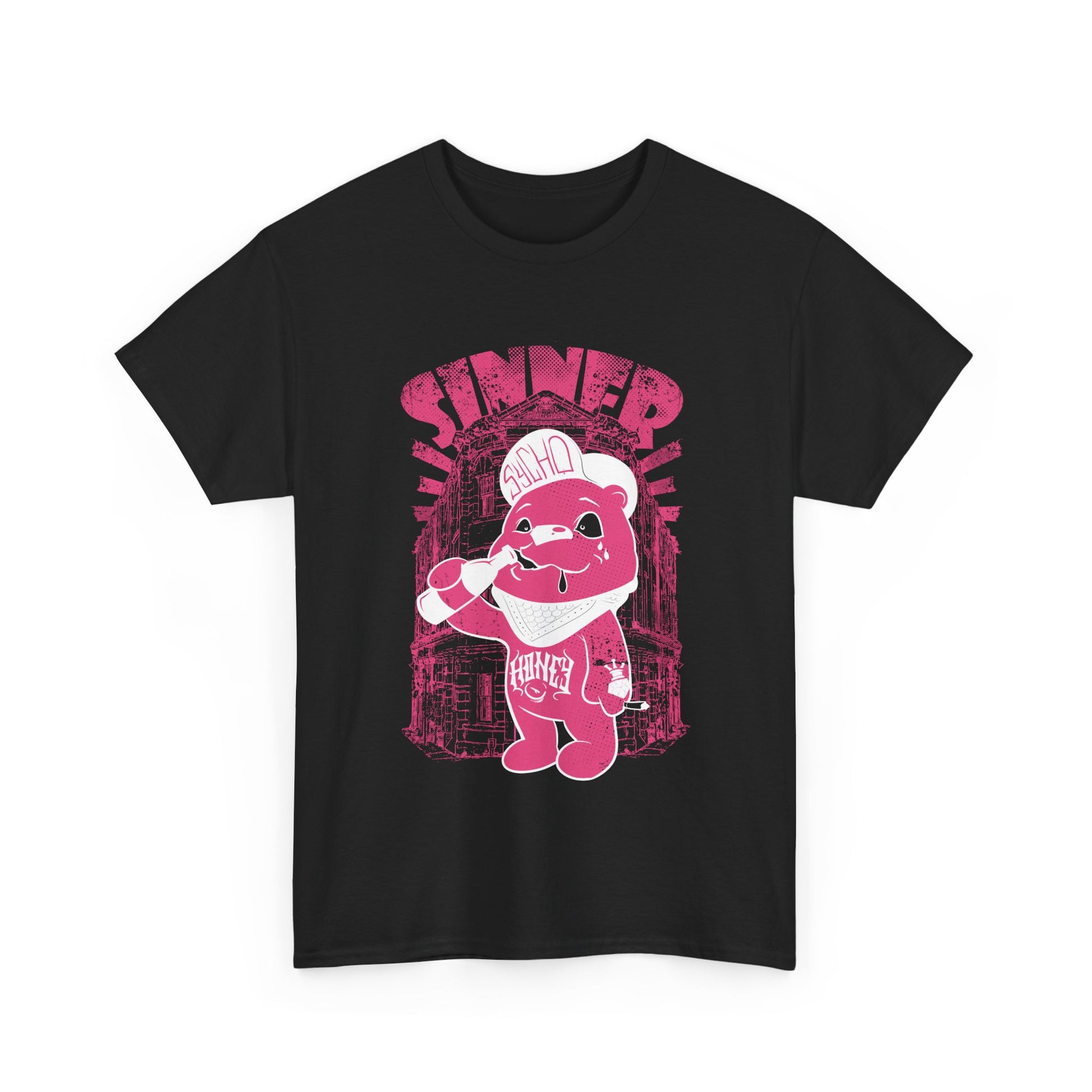 Front design of a black men's t-shirt featuring a vibrant pink cartoon bear graphic, showcasing urban fashion flair with the text 'SINNER' in bold typography.