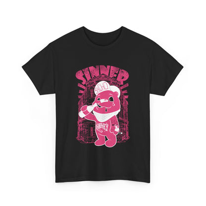 Front design of a black men's t-shirt featuring a vibrant pink cartoon bear graphic, showcasing urban fashion flair with the text 'SINNER' in bold typography.