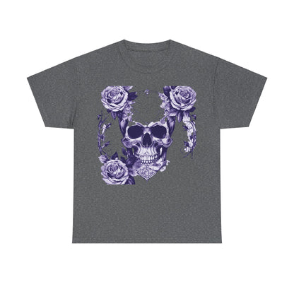 Chic Skulls and Roses Cotton Tee in dark grey, featuring a striking floral skull design that reflects individuality and style.