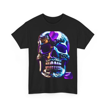 Front view of the sophisticated Demonic Skull Graphic T-Shirt in black, adorned with a vibrant skull print, an ideal statement piece for modern streetwear.