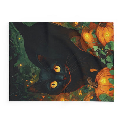 Decorative and Warm Halloween Spooky Arctic Fleece Blanket with an artistic depiction of a black cat lounging by vibrant pumpkins, adding a touch of luxury to Halloween decor.