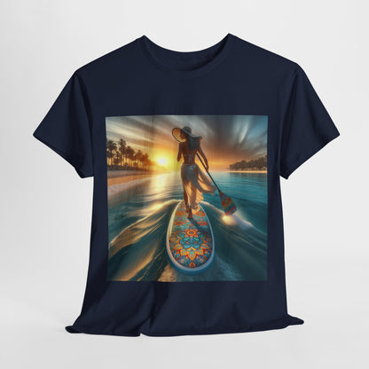 Model wearing the Luxury Paddle Board T-Shirt by Dazzling Dreams Studio, ideal for expressing your adventurous spirit during casual outings or paddleboarding trips.