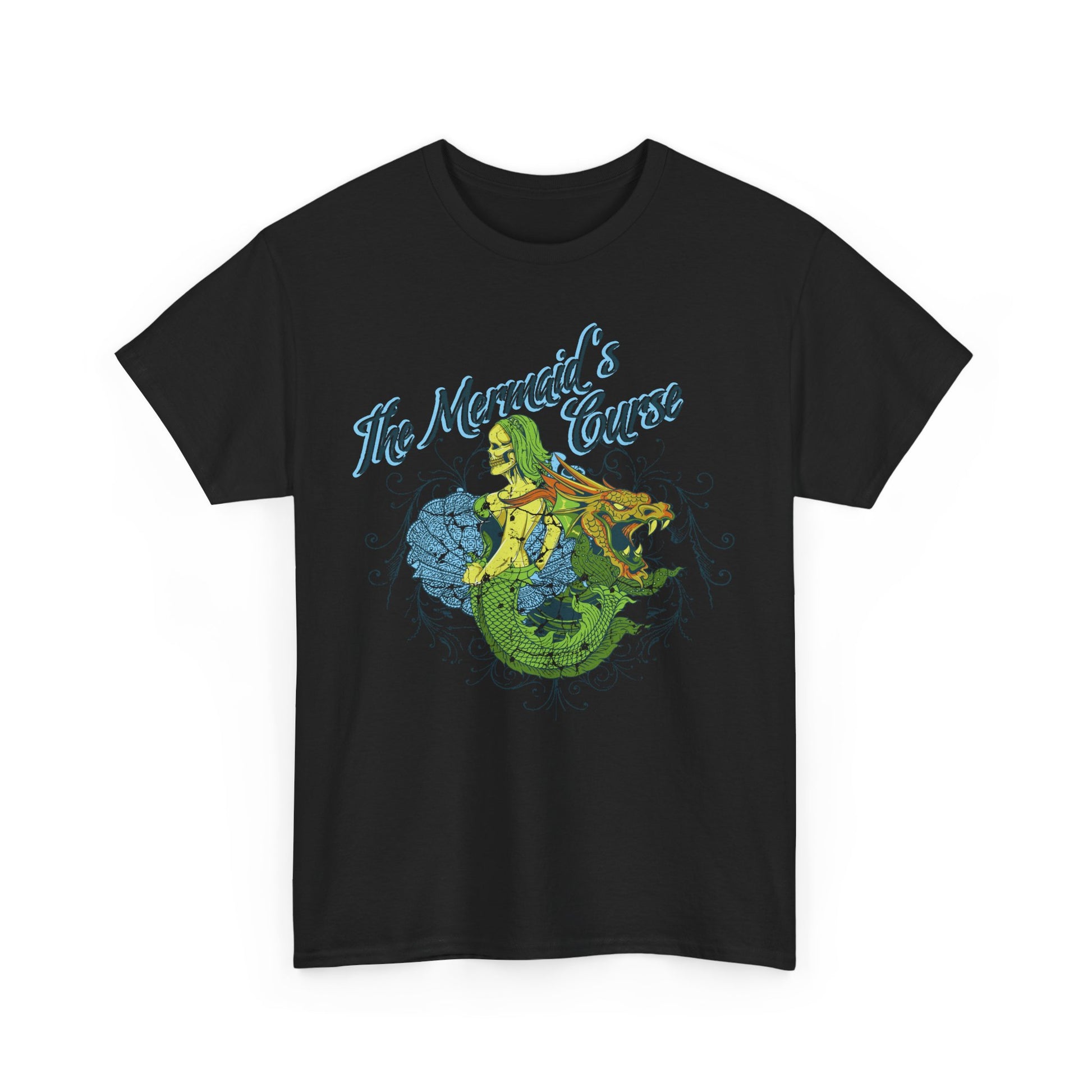 Luxurious black t-shirt featuring the striking design of 'The Mermaid's Curse,' adorned with intricate fantasy elements, making a statement in casual fashion.