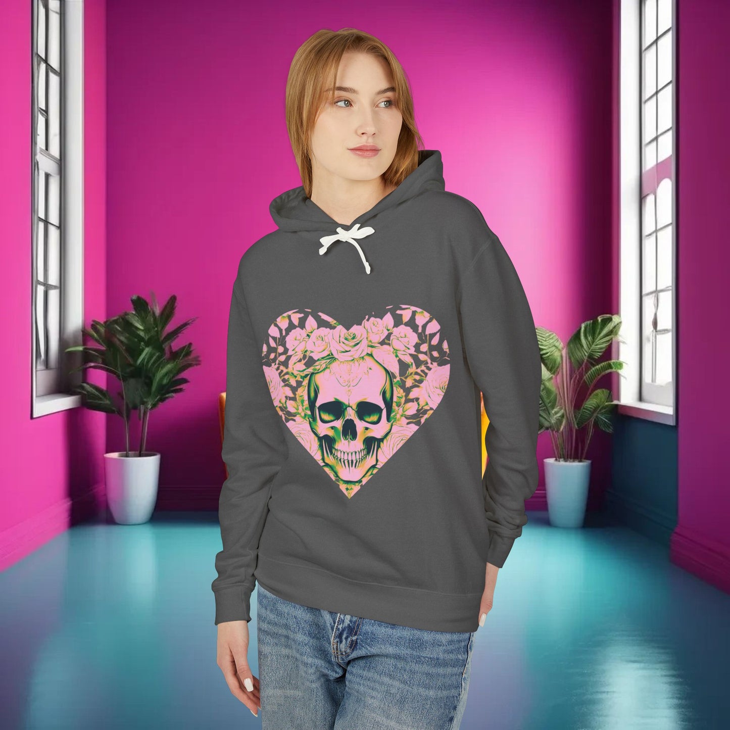 Skull and Roses Lightweight Hoodie, Unisex Edgy Designer Sweatshirt, Hipster