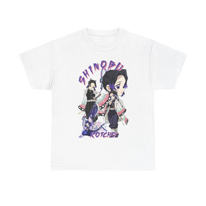Elegant white T-shirt adorned with unique anime art of Shinobu Kocho from Demon Slayer, showcasing intricate designs and striking colours, complemented by bold text graphic.